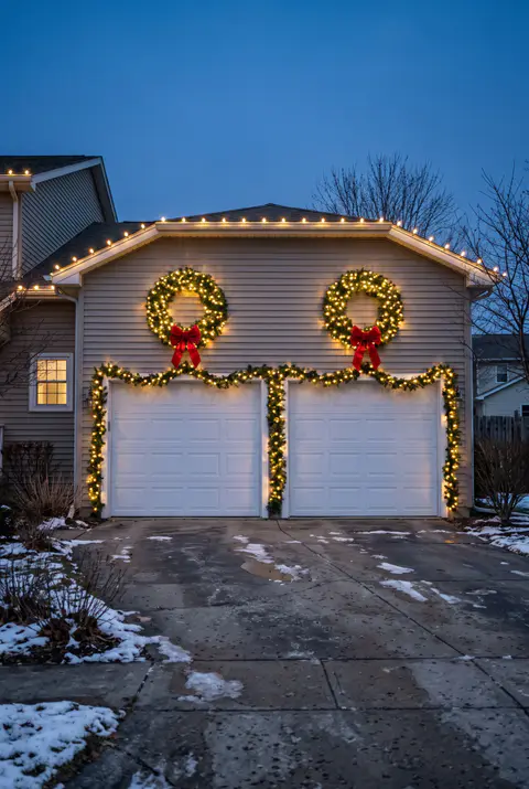Two-car garage with a big lit wreath with a red bow above each door, warm white lights on the roofline and lit garland around the frame