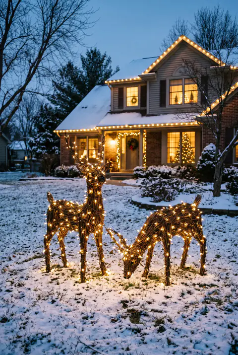 Front lawn with two lighted grapevine reindeer covered in warm white mini lights, one grazing, in front of a lit house