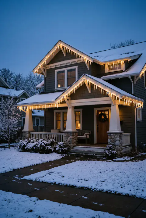 Gray craftsman house with warm white icicle lights hanging along the roof eaves and porch, with light snow on the roof and yard
