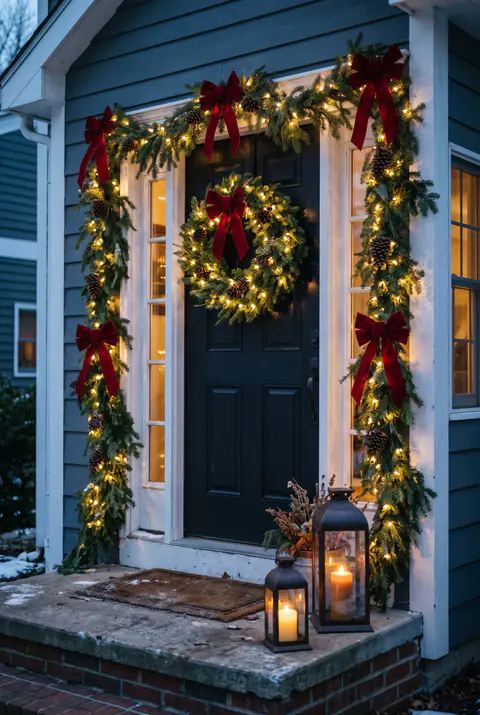 Front door framed with a lit fir garland and red velvet bows, a large lit wreath on the door and two lanterns on the steps