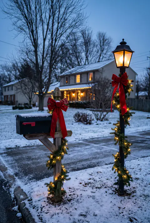 Mailbox post and black lamp post at the end of a driveway wrapped in lit fir garland and topped with big red velvet bows