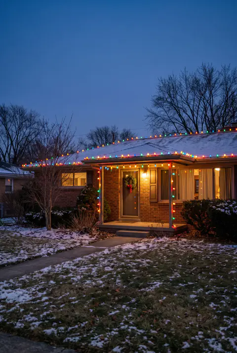 Brick ranch house at dusk with big multicolor C9 bulbs in red, green, blue, orange and yellow along the roofline and porch