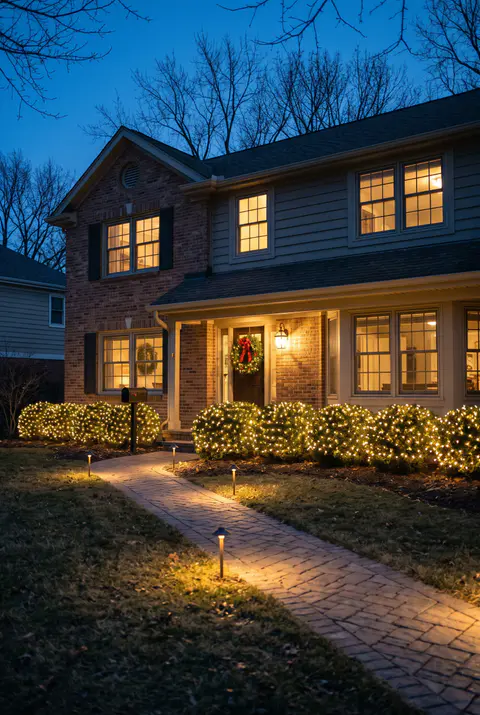 Rounded boxwood shrubs along a house foundation covered evenly in warm white net lights, with a lit walkway and a wreath on the door