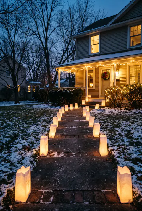 Front walkway lined on both sides with glowing white paper bag luminaries leading to a softly lit house