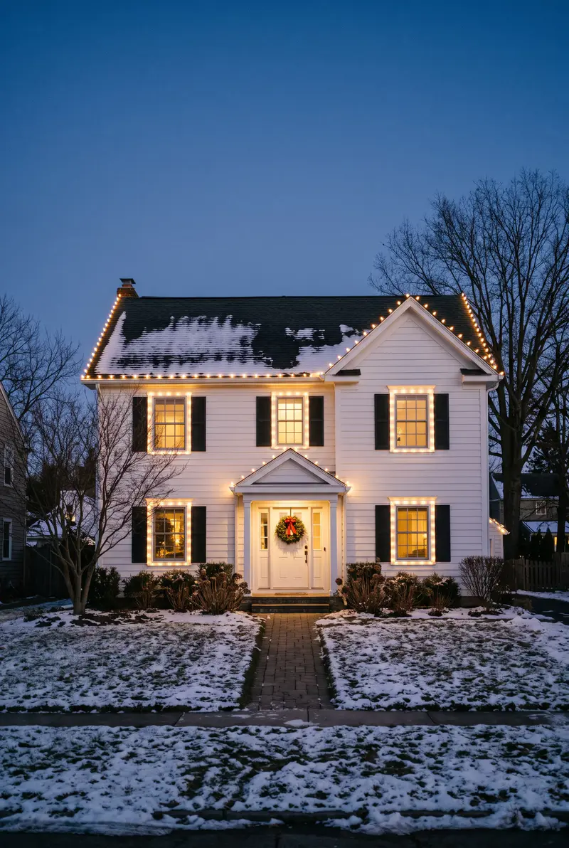 White two-story colonial house at dusk with warm white lights outlining the roofline, gables and windows and a wreath on the front door