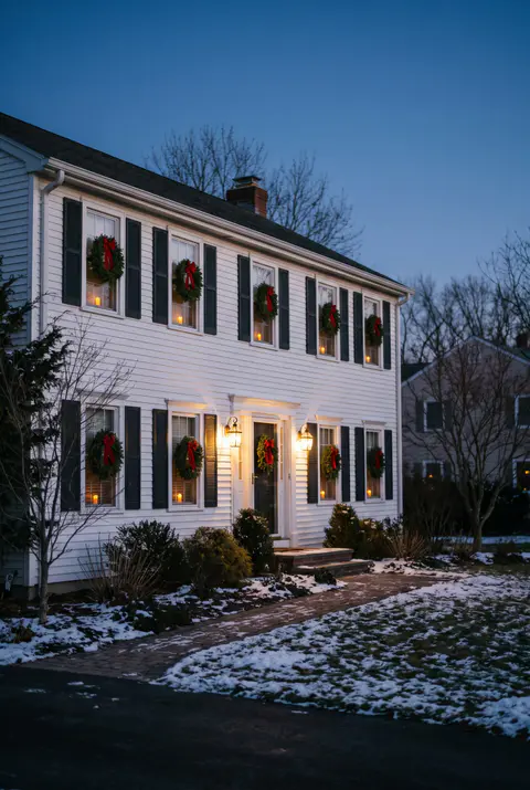 White colonial house at dusk with a glowing electric candle in every window and a green wreath with a red bow in each front window