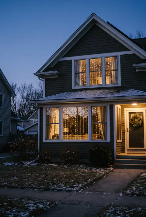 Front windows of a house filled with warm white curtain lights hung from the inside, seen from the front yard at dusk