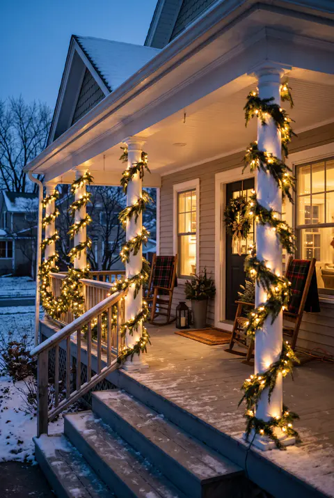 Farmhouse porch with white columns wrapped in lit fir garland, a lit garland along the railing and rocking chairs with plaid blankets
