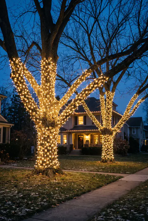 Two large front yard trees with trunks and main branches wrapped in warm white mini lights against a dark blue sky