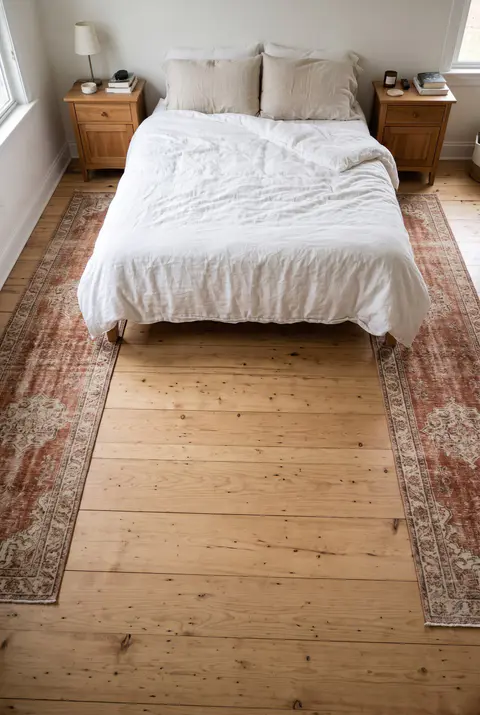 Bedroom with matching rust and cream runner rugs on both sides of the bed and no rug under the bed