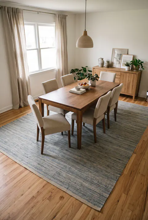 Dining table for six on a large blue and beige flat-woven rug that reaches well past the table, with every chair standing on the rug