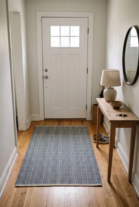 Front entryway with a flat-woven blue rug just inside the front door, about as wide as the door, and a console table against the wall