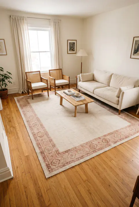 Living room with a large cream and terracotta rug and an even border of oak floor showing between the rug and the walls