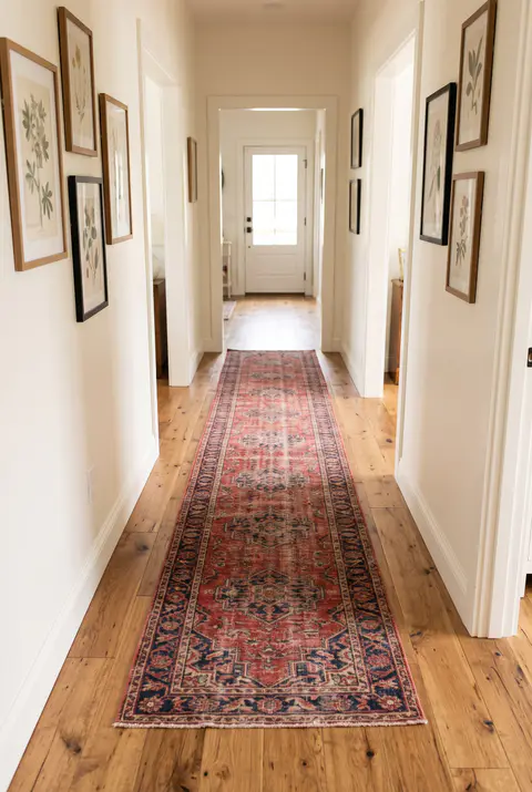 Long hallway with a narrow red and navy runner down the middle, with wood floor showing along both sides and at the ends