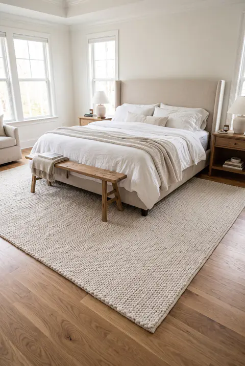 King bed with an upholstered headboard and a bench at the foot, both on a very large neutral rug that extends well past the sides of the bed