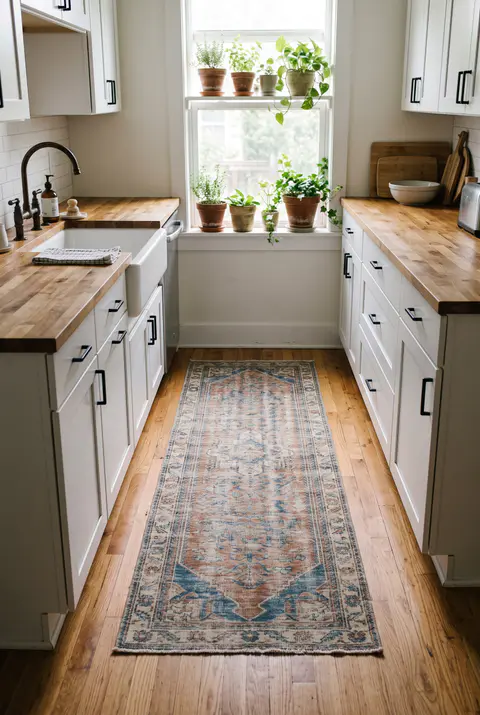 Galley kitchen with white cabinets and a long flat-woven blue and rust runner down the middle of the aisle in front of the sink
