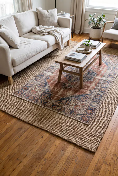 Living room with a faded vintage-style rug layered on top of a large jute rug, with a border of jute showing around it
