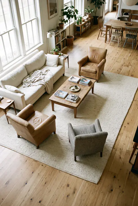 Large open living room with a very large ivory rug holding the whole seating area, with every leg of the sofa and armchairs on it
