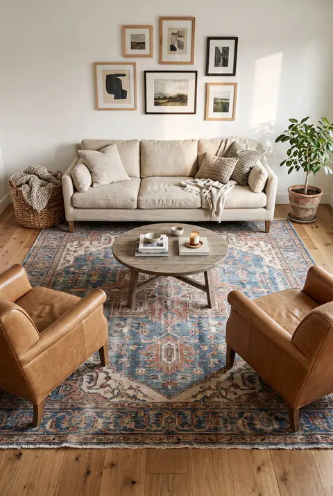 Living room with a large vintage-style rug that runs past both ends of the sofa, with the front legs of the sofa and two armchairs on the rug and a border of wood floor around it
