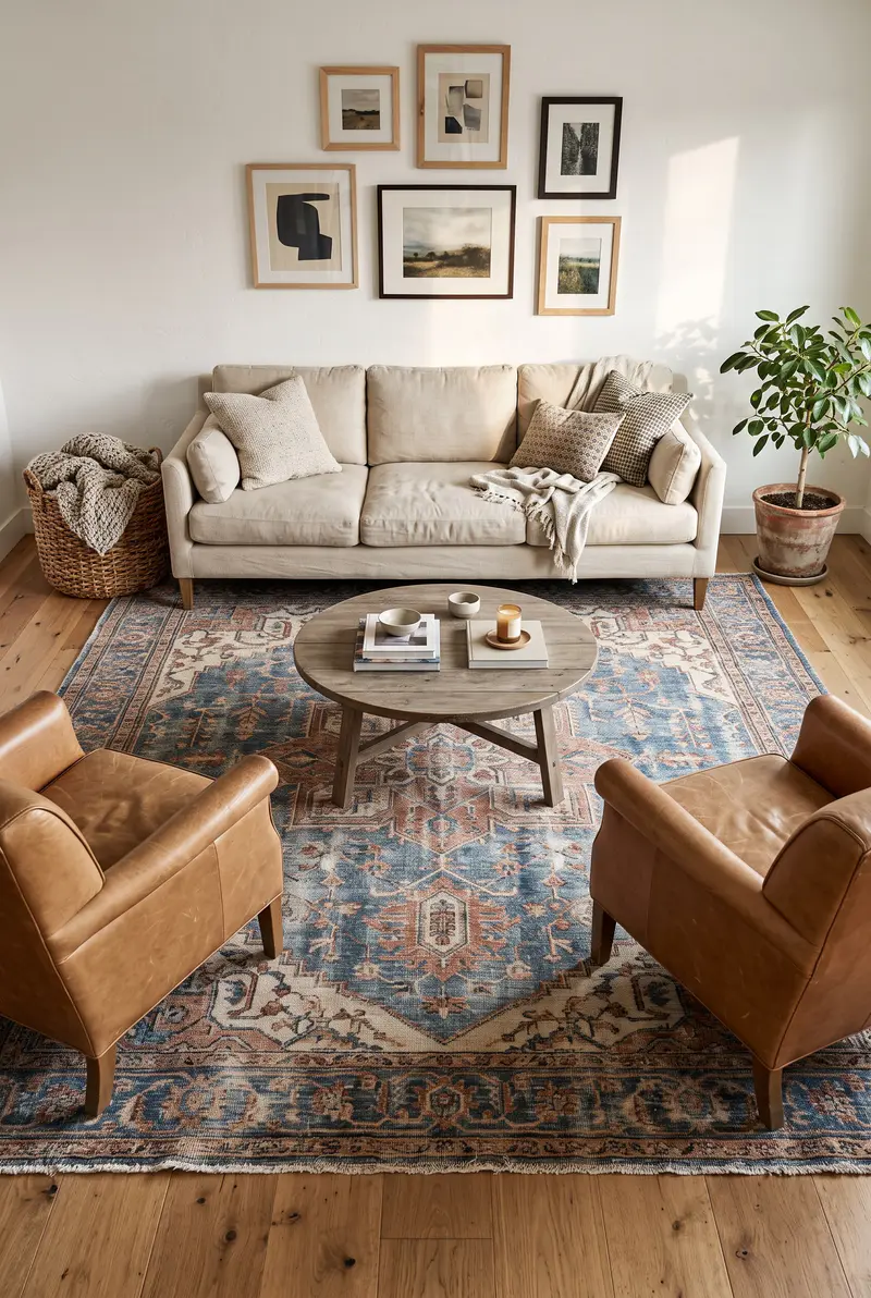 Living room with a large vintage-style rug that runs past both ends of the sofa, with the front legs of the sofa and two armchairs on the rug and a border of wood floor around it
