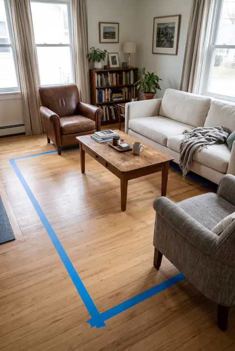 Living room with the outline of a future rug marked in blue painter's tape on the wood floor, running under the front legs of the sofa and armchairs