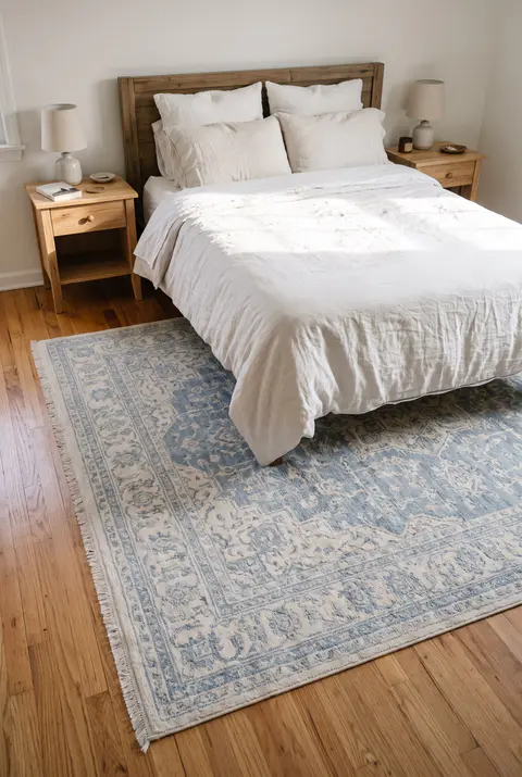 Queen bed with a large blue and ivory rug turned sideways under the lower two thirds of the bed, starting in front of the nightstands