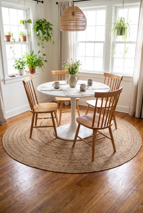 Round pedestal table and four chairs on a round jute rug about twice as wide as the table