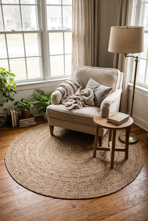 Reading corner by a window with an armchair and a side table on a round jute rug, with the front legs of the chair on the rug