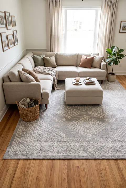 L-shaped sectional sofa with the front legs of both sides on a large grey and ivory rug and an upholstered ottoman in the middle