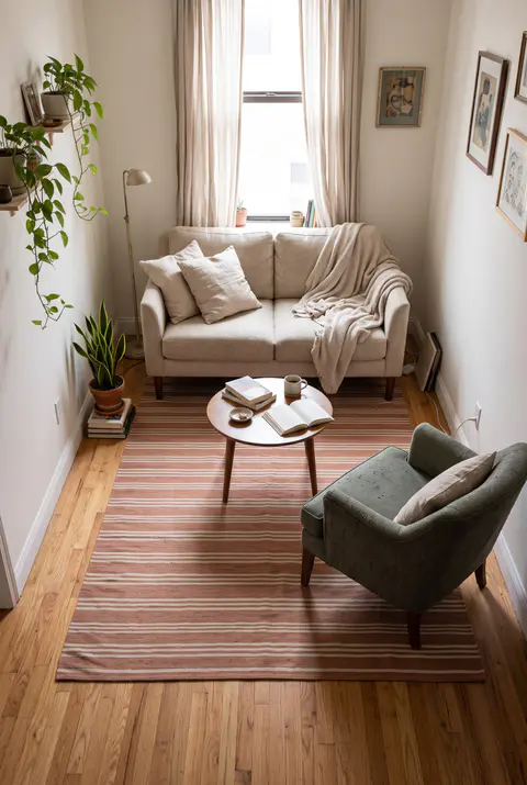 Small living room with a loveseat and an armchair whose front legs rest on a striped flat-woven rug, with a round coffee table in the middle