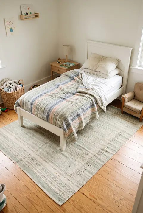 Child's bedroom with a twin bed and a pale green and cream rug turned sideways under the lower half of the bed