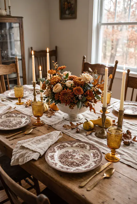 Thanksgiving table with brown and white transferware plates, amber glass goblets, brass flatware and a rust and cream flower arrangement in an ironstone bowl