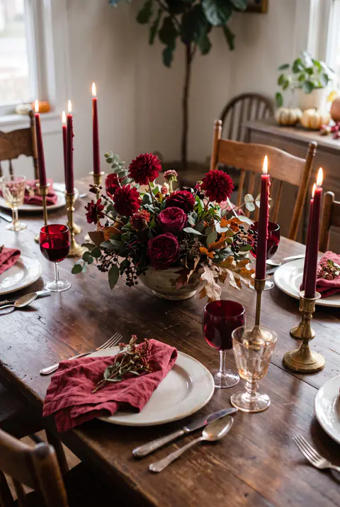 Thanksgiving table with a deep red dahlia and rose centerpiece, ruby wine glasses, cranberry napkins and burgundy taper candles