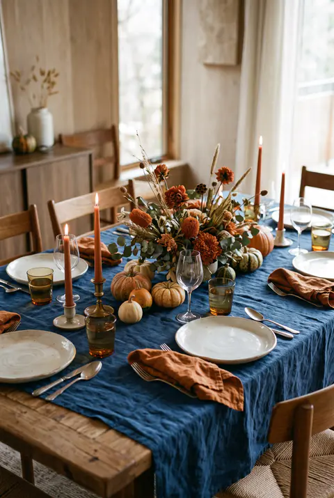 Thanksgiving table with a deep indigo linen tablecloth, rust napkins, burnt orange dried flowers, small pumpkins and terracotta taper candles