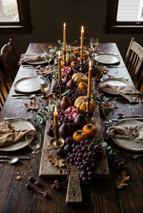 Dark wood Thanksgiving table with a long board of pears, purple grapes, pomegranates, figs, persimmons and small pumpkins between brass candlesticks