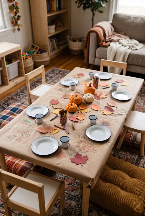 Kids' Thanksgiving table covered in kraft paper with crayons, paper leaves, mini pumpkins and enamel plates and cups