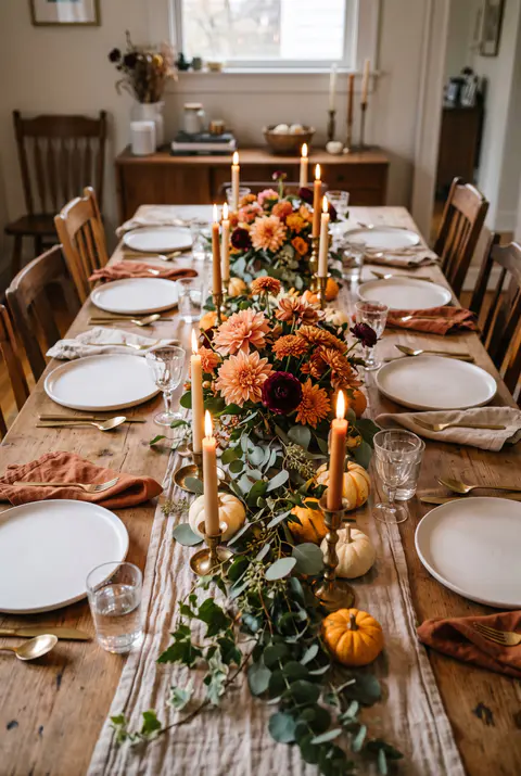 Long, low flower centerpiece of peach and rust dahlias, orange mums and trailing greenery running down a Thanksgiving table