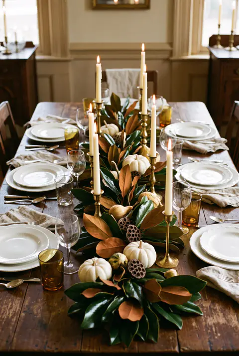 Southern Thanksgiving table with a thick magnolia leaf garland, small white pumpkins and ivory taper candles in gold candlesticks