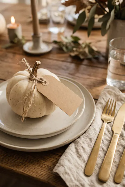 Thanksgiving place setting with a small white pumpkin on the plate and a blank kraft paper tag tied to its stem