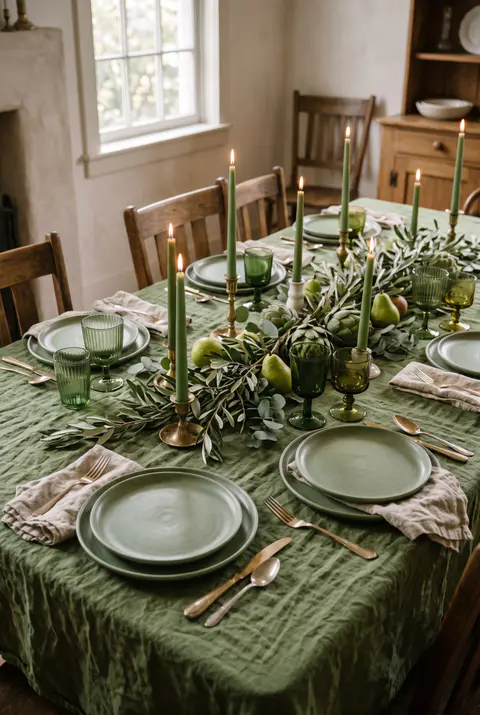 Tonal green Thanksgiving table with a moss green tablecloth, sage plates, green glass goblets, olive branches, pears and green taper candles