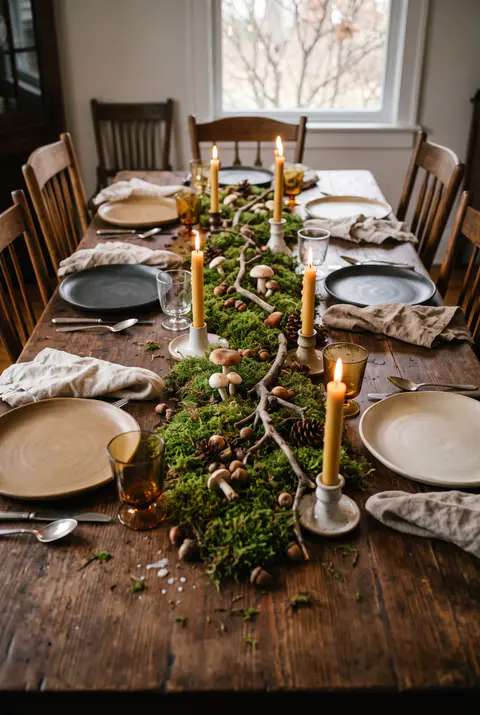 Woodland Thanksgiving table with a green moss runner, small mushrooms, branches and tall candles in brass holders