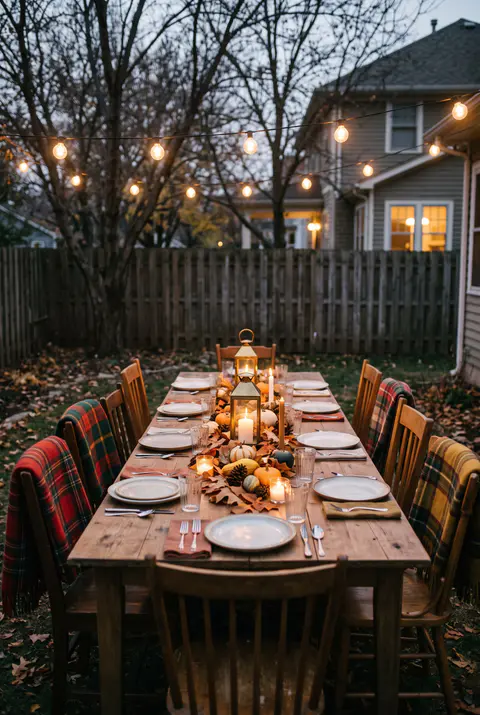Outdoor Friendsgiving table in a backyard at dusk with string lights overhead, plaid blankets on the chairs and lanterns