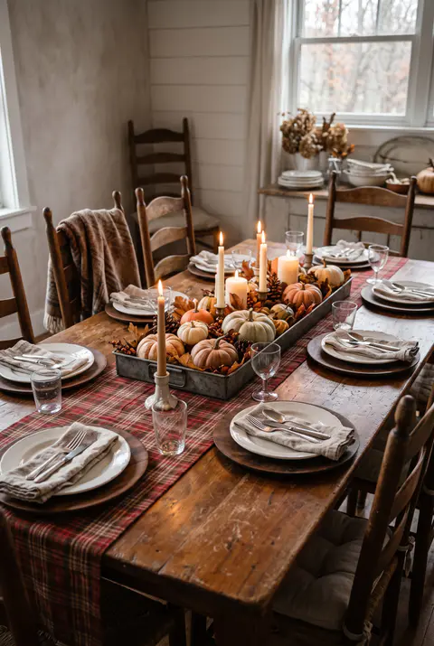 Farmhouse Thanksgiving table with a red and brown plaid runner, white plates on wooden chargers and a galvanized tray of pumpkins and candles