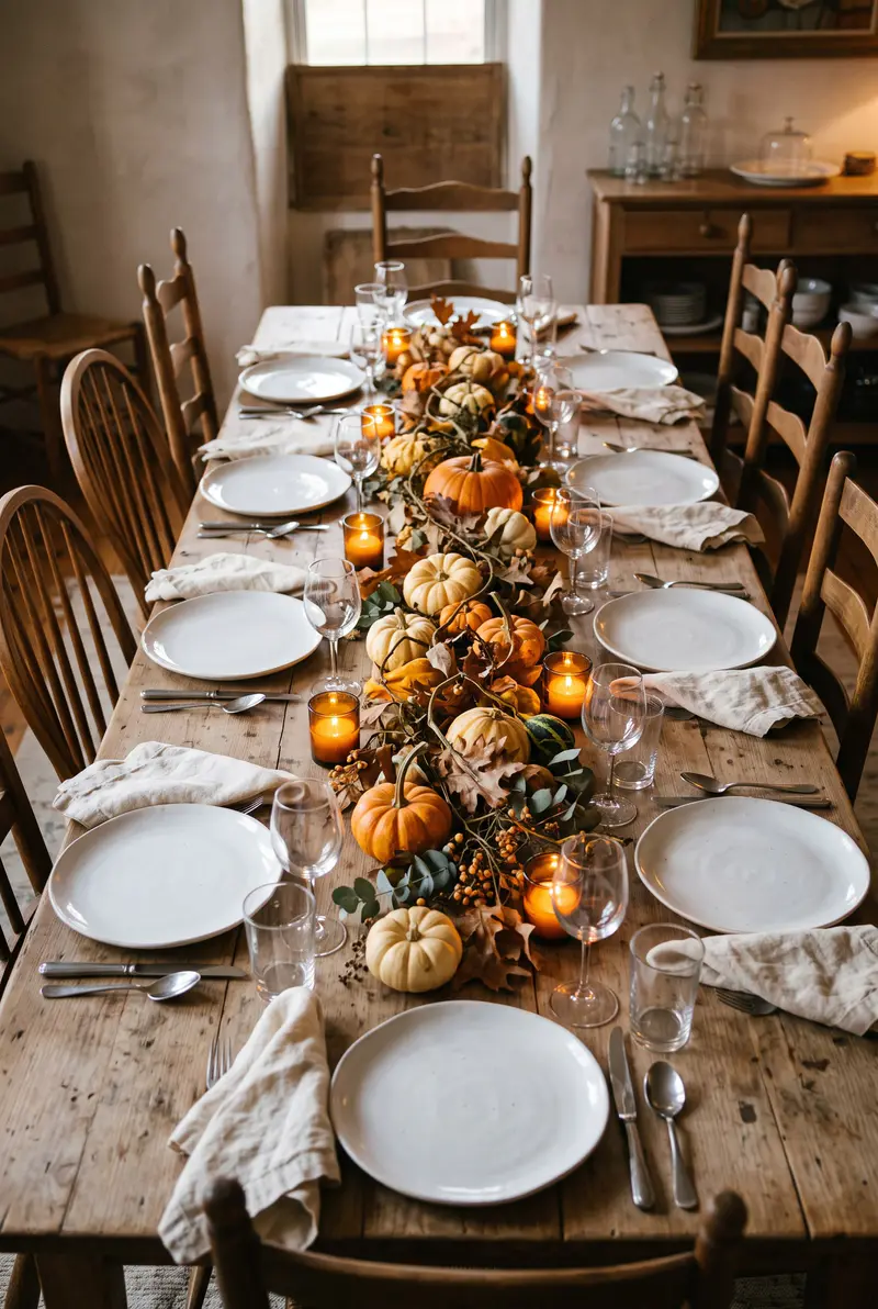 Long farmhouse table set for Thanksgiving with a centerpiece of mini pumpkins, gourds, fall leaves and amber votive candles down the middle
