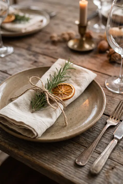 Linen napkin tied with twine, a sprig of rosemary and a dried orange slice on a stoneware plate