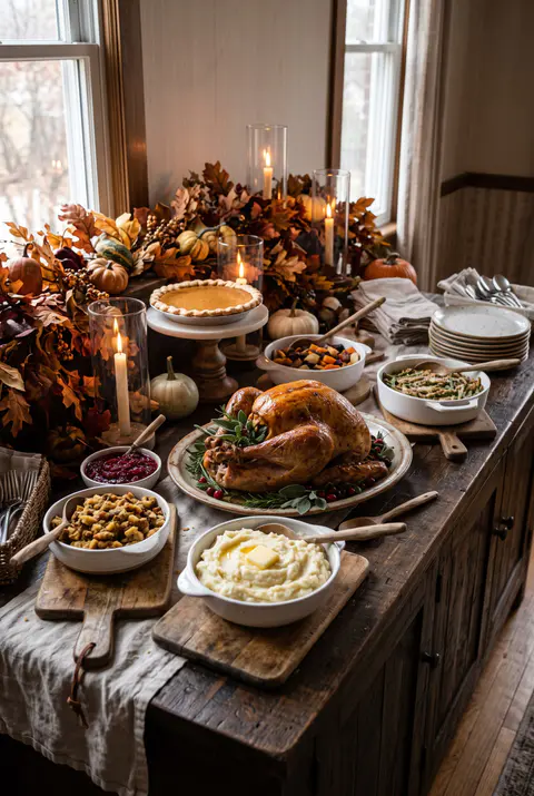 Thanksgiving buffet on a wooden sideboard with a roast turkey, side dishes, a pie on a cake stand and a garland of fall leaves and pumpkins