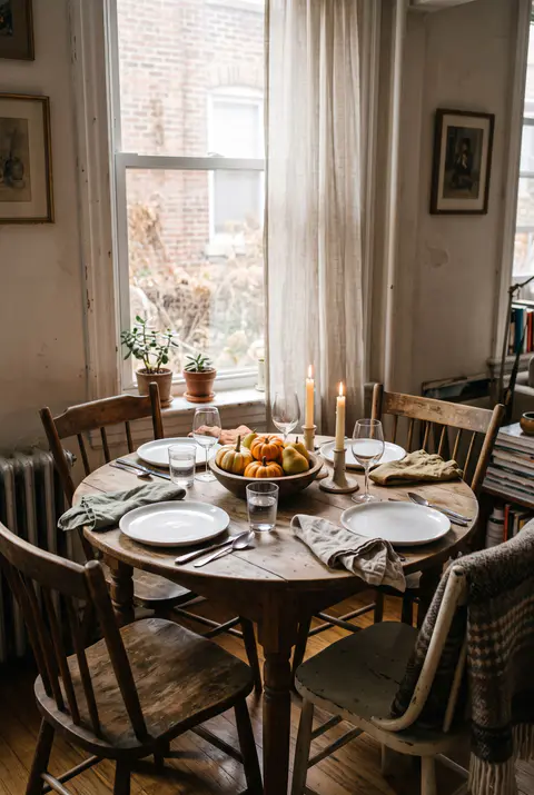 Small round table set for four for Thanksgiving with a wooden bowl of small pumpkins and pears and two candles by a window
