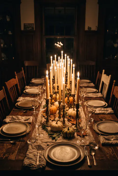 Thanksgiving table at night lit by a cluster of tall taper candles in brass candlesticks with small pumpkins between them