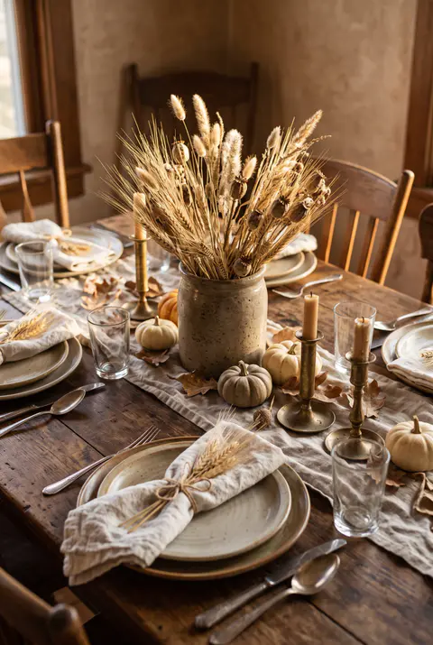 Rustic Thanksgiving table with a stoneware crock of dried wheat and grasses and linen napkins tied with wheat stalks