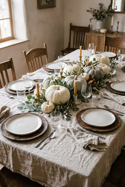 Neutral Thanksgiving table with an oatmeal linen tablecloth, white and pale green heirloom pumpkins, eucalyptus and wooden chargers under white plates